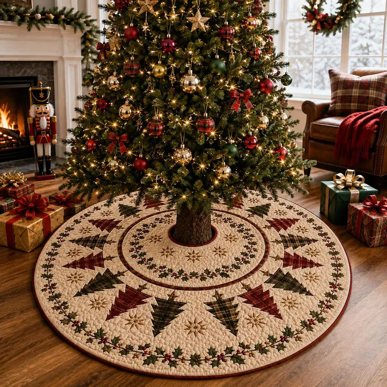 Christmas Tree Skirt, Quilt Style Plaid Christmas Tree Pattern, Holly Berry Holiday Tree Mat, Rustic Farmhouse Red Green Xmas Decor. CTSPETAL10