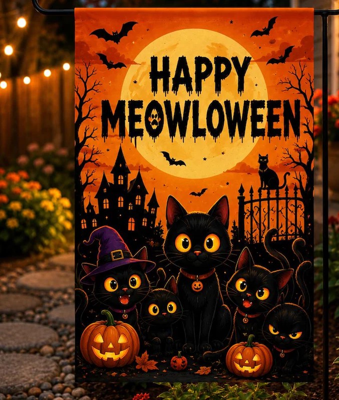 Happy Meowloween Garden Flag, Black Cat Halloween Yard Flag, Cute Spooky Pumpkin Outdoor Decor, Fall Porch Flag, Halloween Cat Lover Gift. HLWGFPETAL21