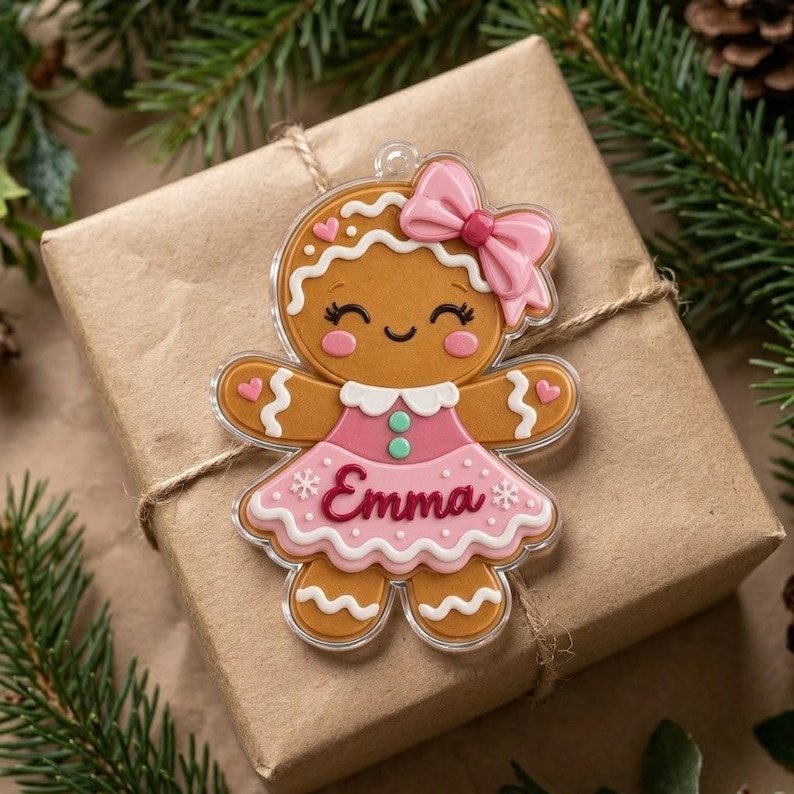Personalized Gingerbread Girl Ornament Flat 2D Acrylic Christmas Tree Decor Cute Custom Name Holiday Keepsake Gift for Kids Girls ACRYLICOR11