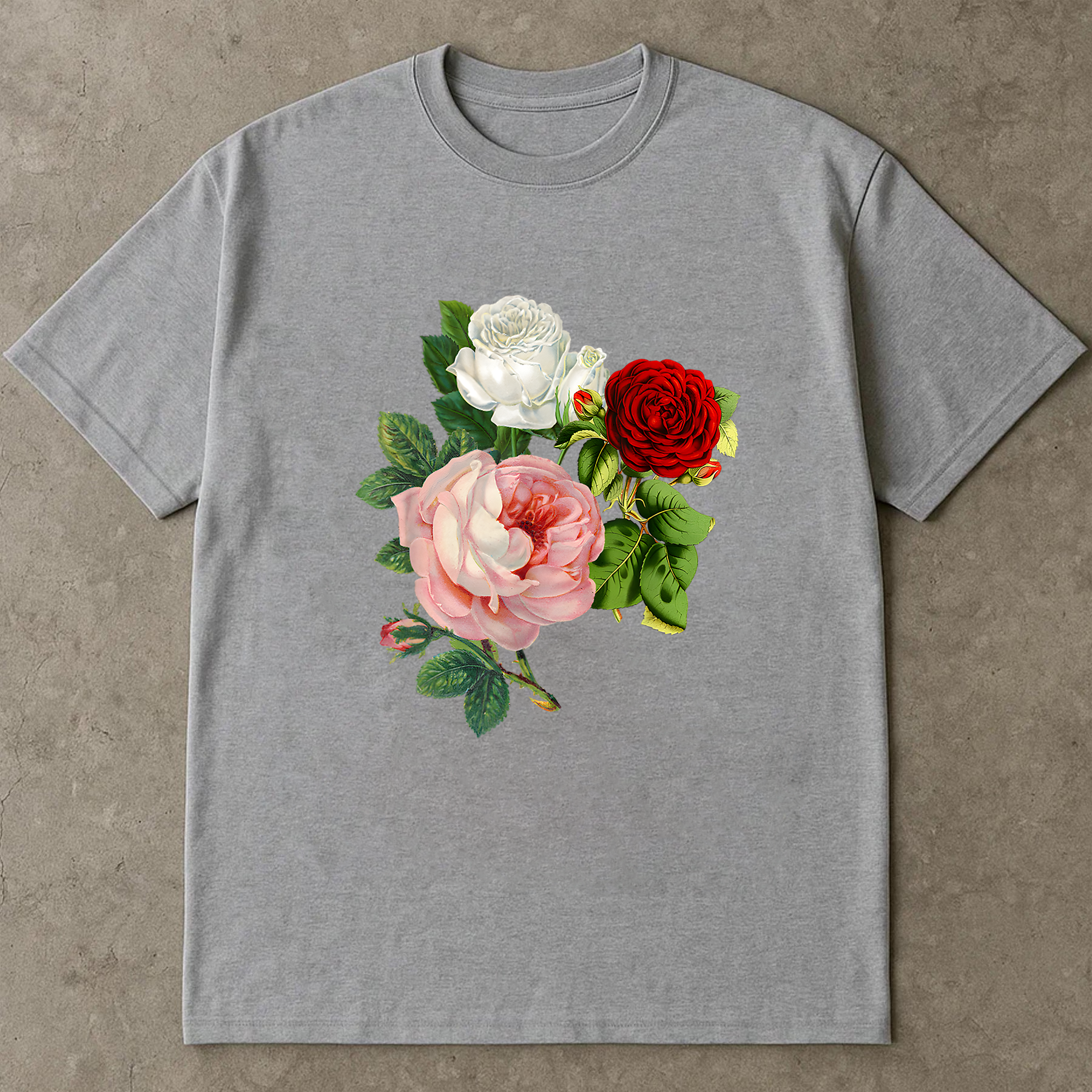 Rose Trio Shirt, Vintage Floral T-Shirt, Red White Pink Rose Tee, Botanical Flower Shirt, Romantic Garden Shirt, Gift Tee