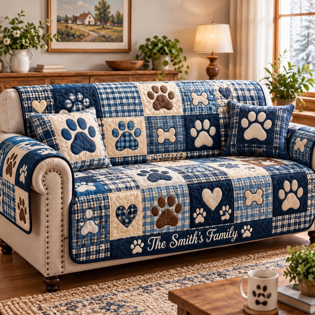 Personalized Pet Paw Flower Quilted Sofa Cover, Paw Sofa Cover, Patchwork Couch Throw, Sofa Protector, Holiday Sofa Decor QUILTSOFA09