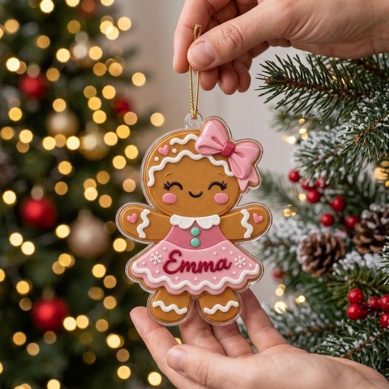 Personalized Gingerbread Girl Ornament Flat 2D Acrylic Christmas Tree Decor Cute Custom Name Holiday Keepsake Gift for Kids Girls ACRYLICOR11