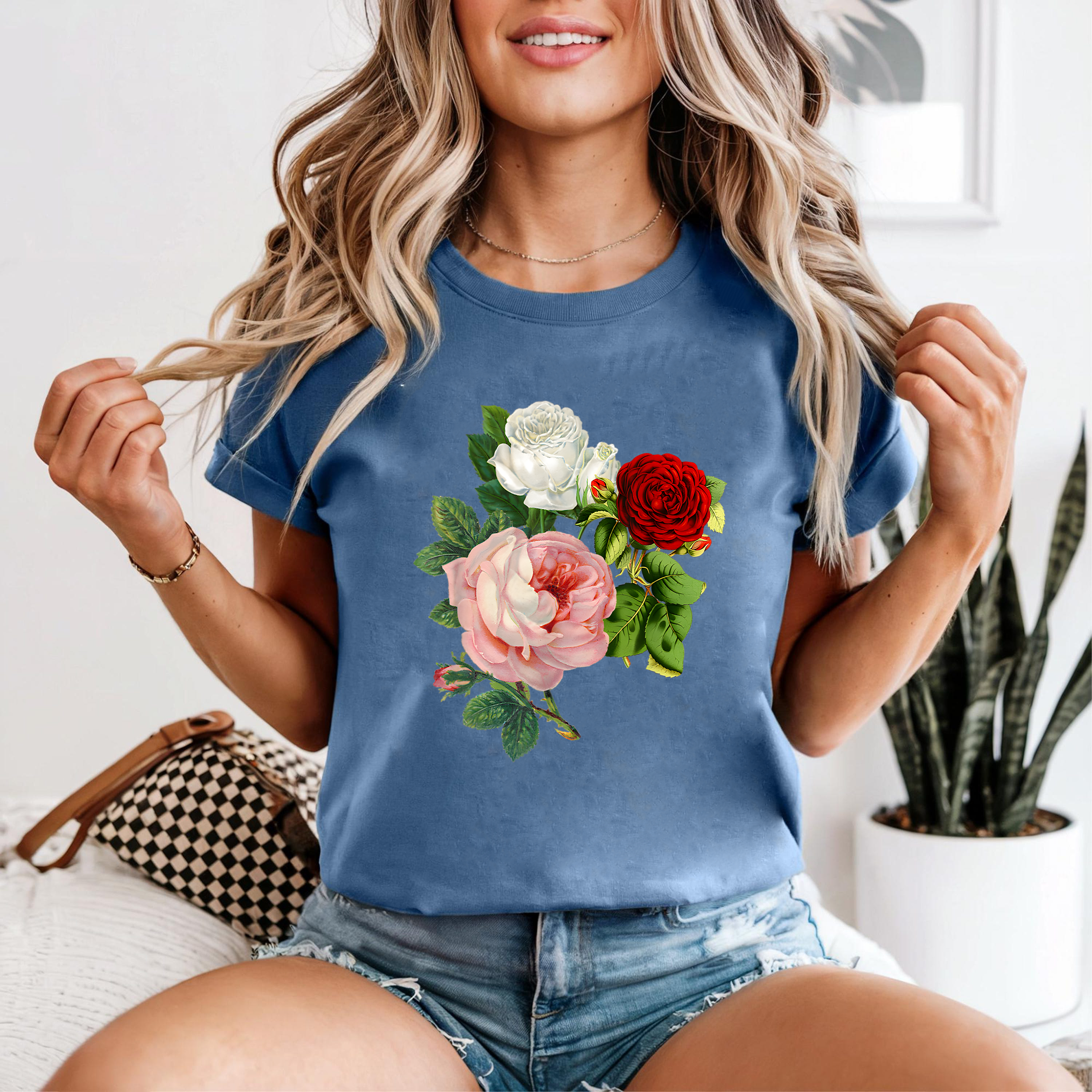 Rose Trio Shirt, Vintage Floral T-Shirt, Red White Pink Rose Tee, Botanical Flower Shirt, Romantic Garden Shirt, Gift Tee