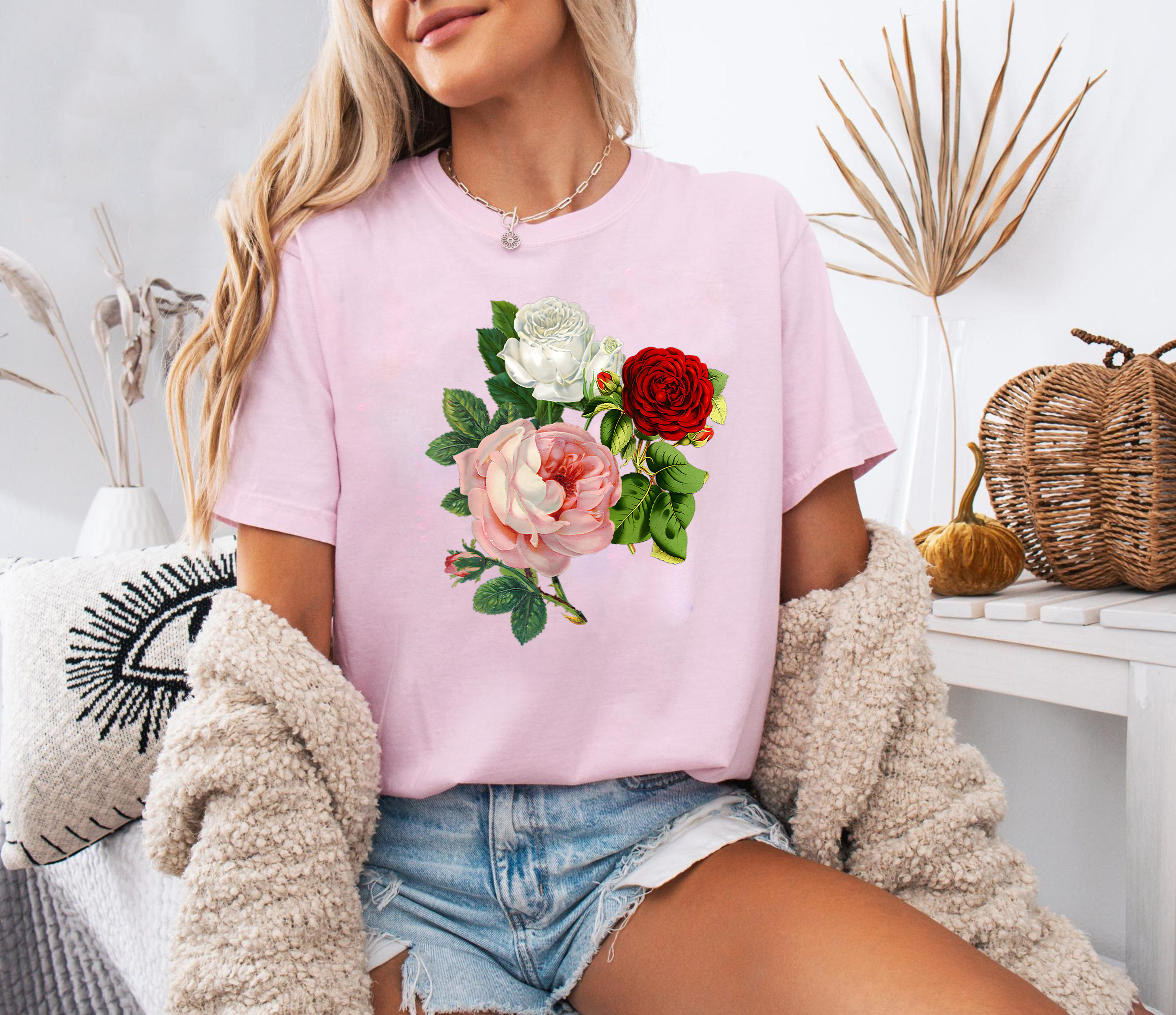 Rose Trio Shirt, Vintage Floral T-Shirt, Red White Pink Rose Tee, Botanical Flower Shirt, Romantic Garden Shirt, Gift Tee