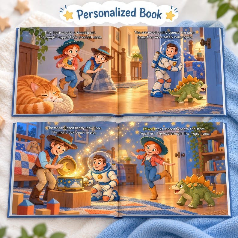 Personalized Toy Adventure Book, Custom Name Storybook, Cowboy Astronaut Dinosaur Story, Toddler Birthday Gift, Kids Keepsake PBOOK11