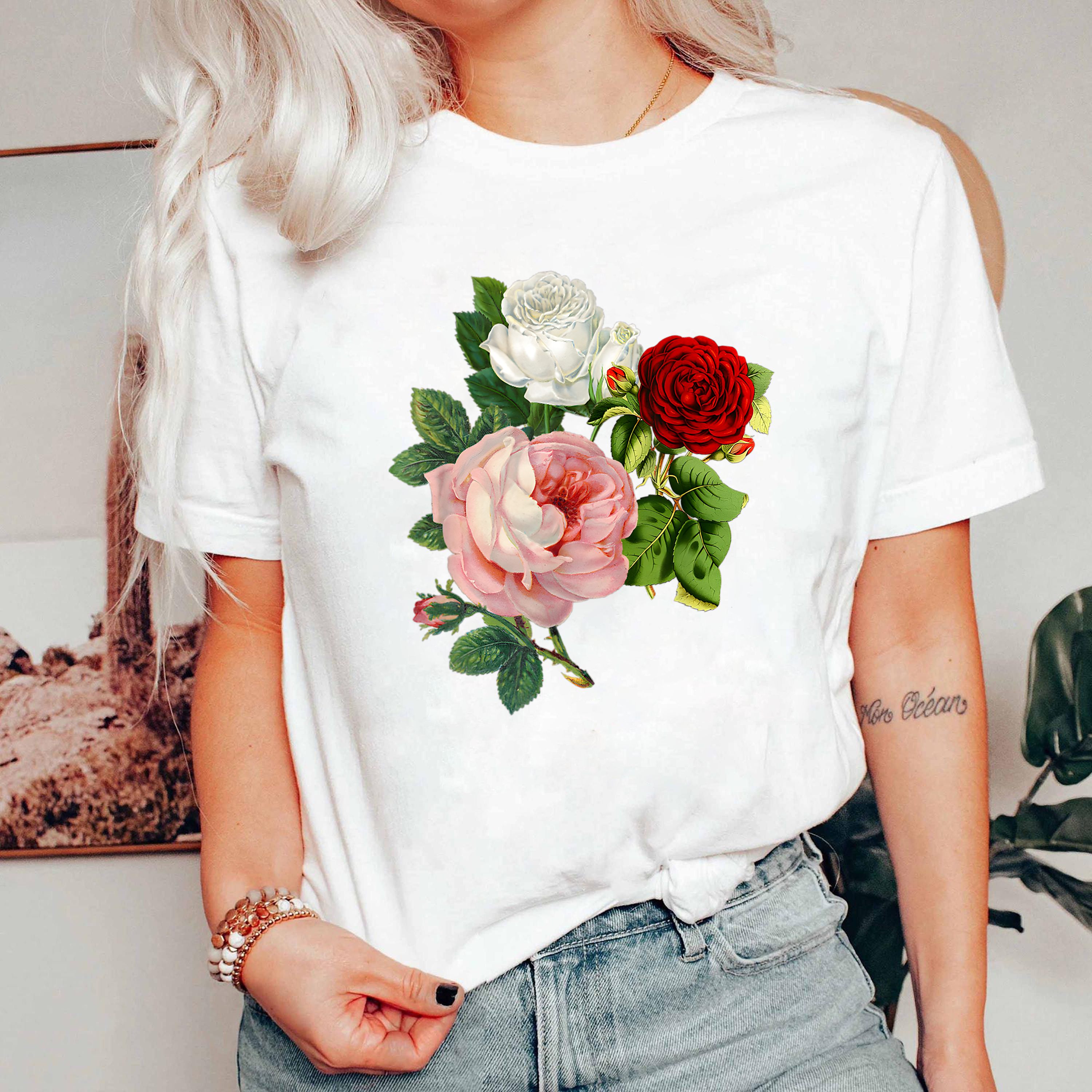 Rose Trio Shirt, Vintage Floral T-Shirt, Red White Pink Rose Tee, Botanical Flower Shirt, Romantic Garden Shirt, Gift Tee