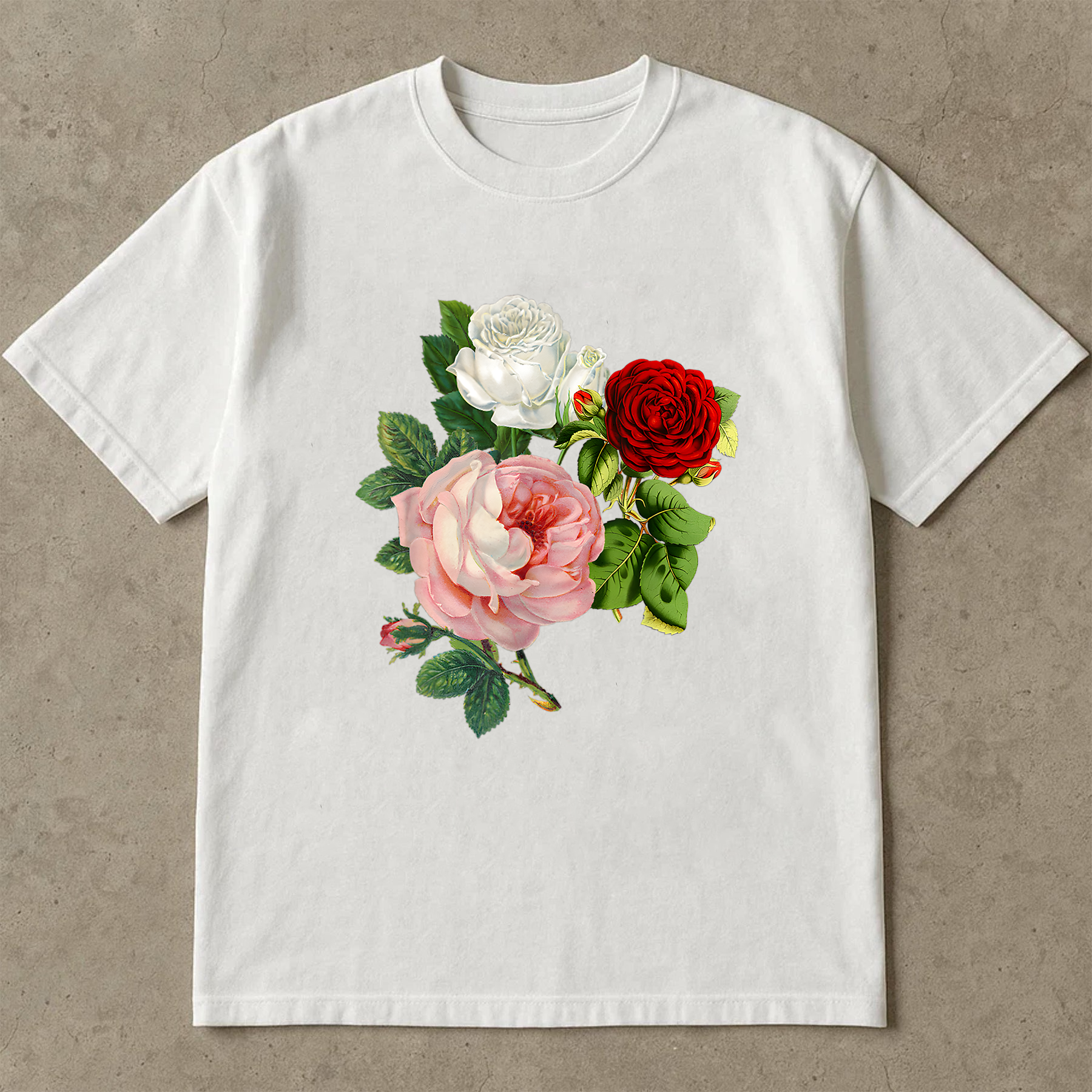 Rose Trio Shirt, Vintage Floral T-Shirt, Red White Pink Rose Tee, Botanical Flower Shirt, Romantic Garden Shirt, Gift Tee