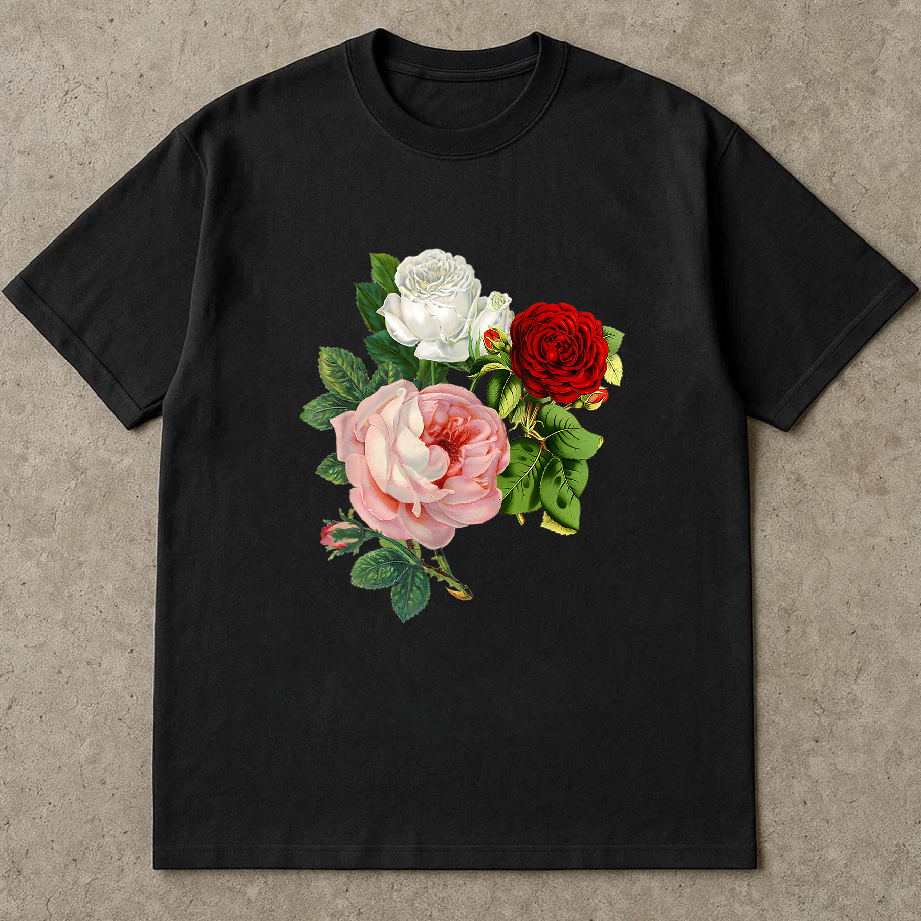 Rose Trio Shirt, Vintage Floral T-Shirt, Red White Pink Rose Tee, Botanical Flower Shirt, Romantic Garden Shirt, Gift Tee