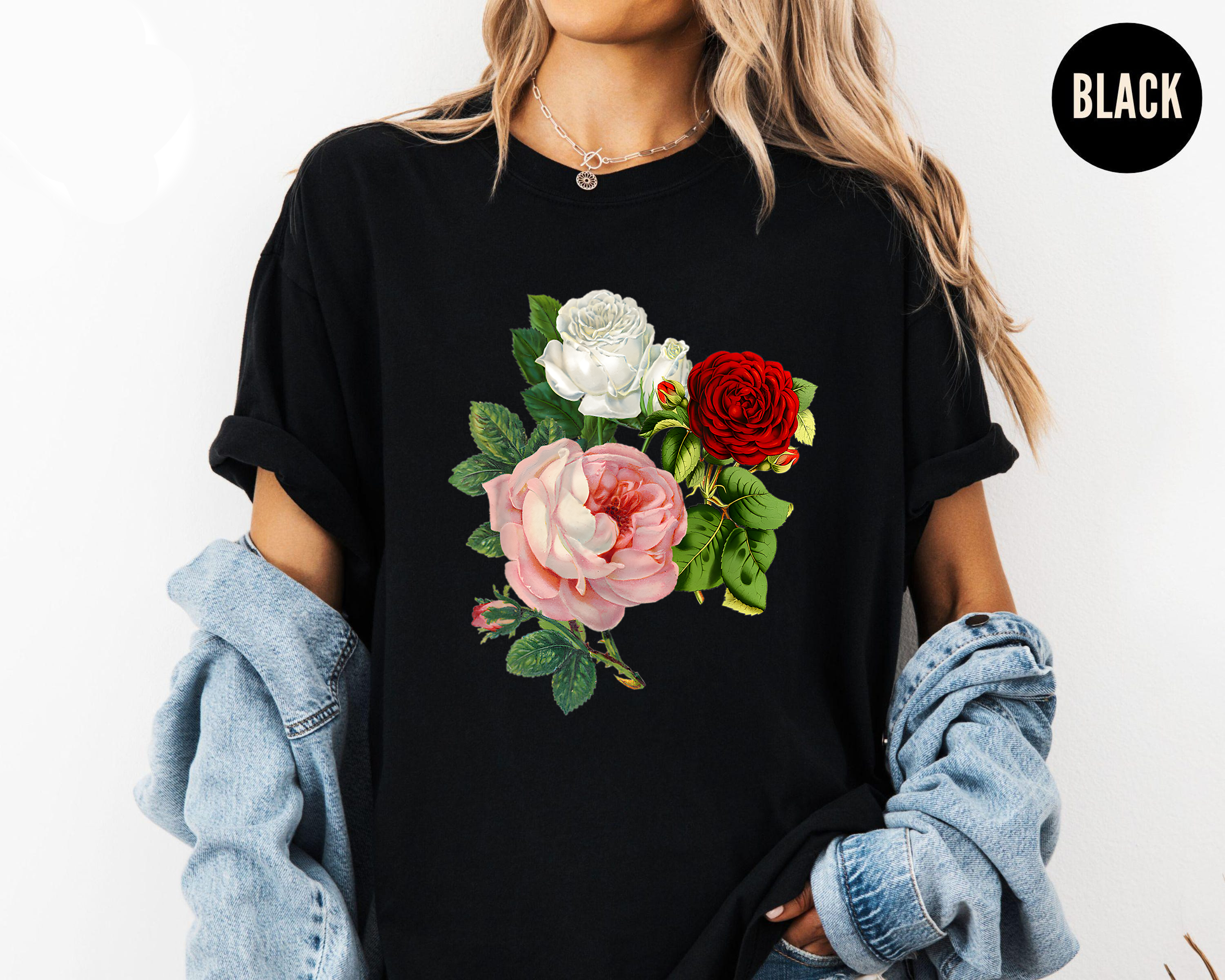 Rose Trio Shirt, Vintage Floral T-Shirt, Red White Pink Rose Tee, Botanical Flower Shirt, Romantic Garden Shirt, Gift Tee