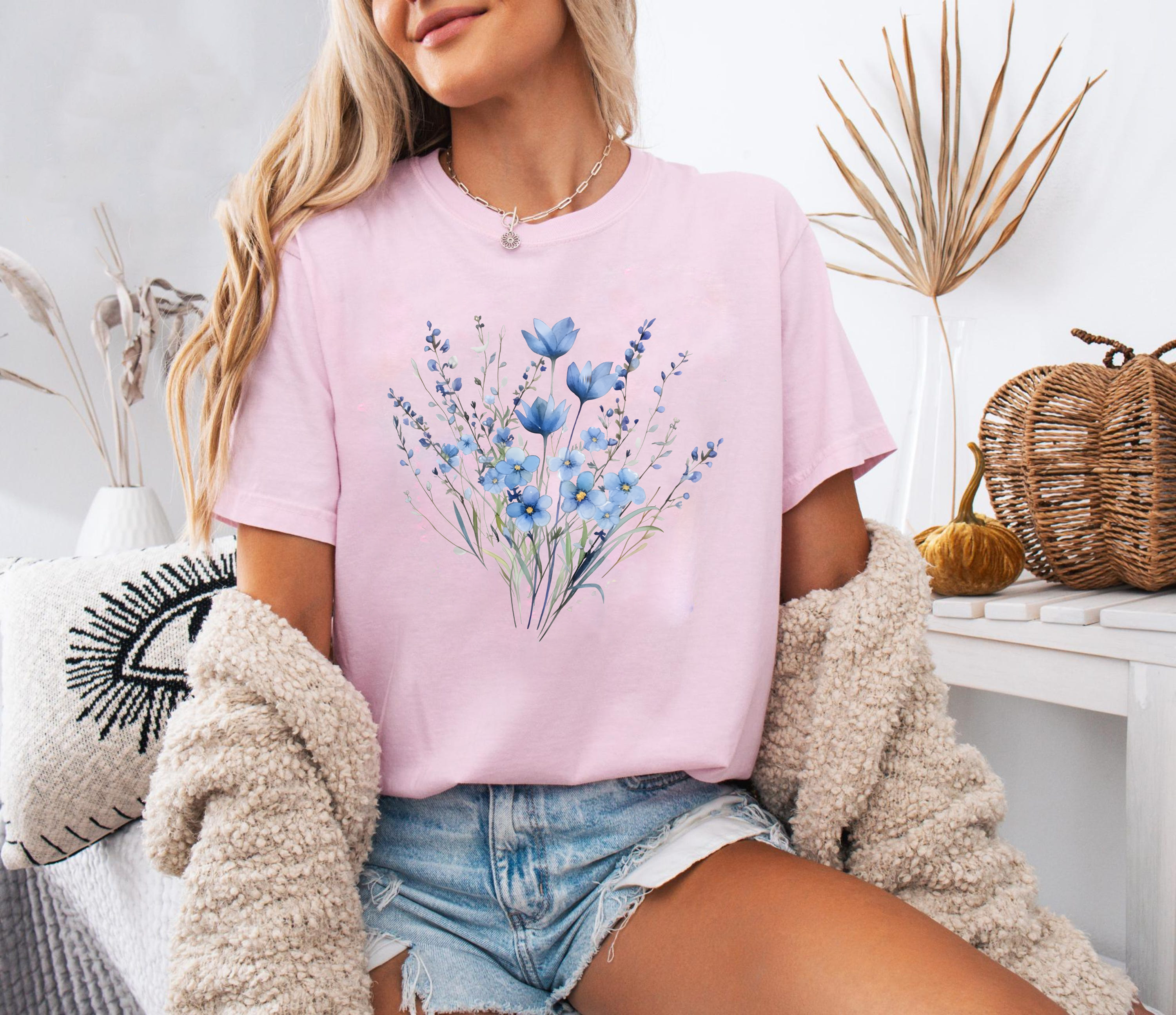 Blue Wildflower Shirt, Watercolor Floral Tee, Aesthetic Cottagecore T-Shirt, Botanical Flower Shirt, Soft Nature Lover Tee
