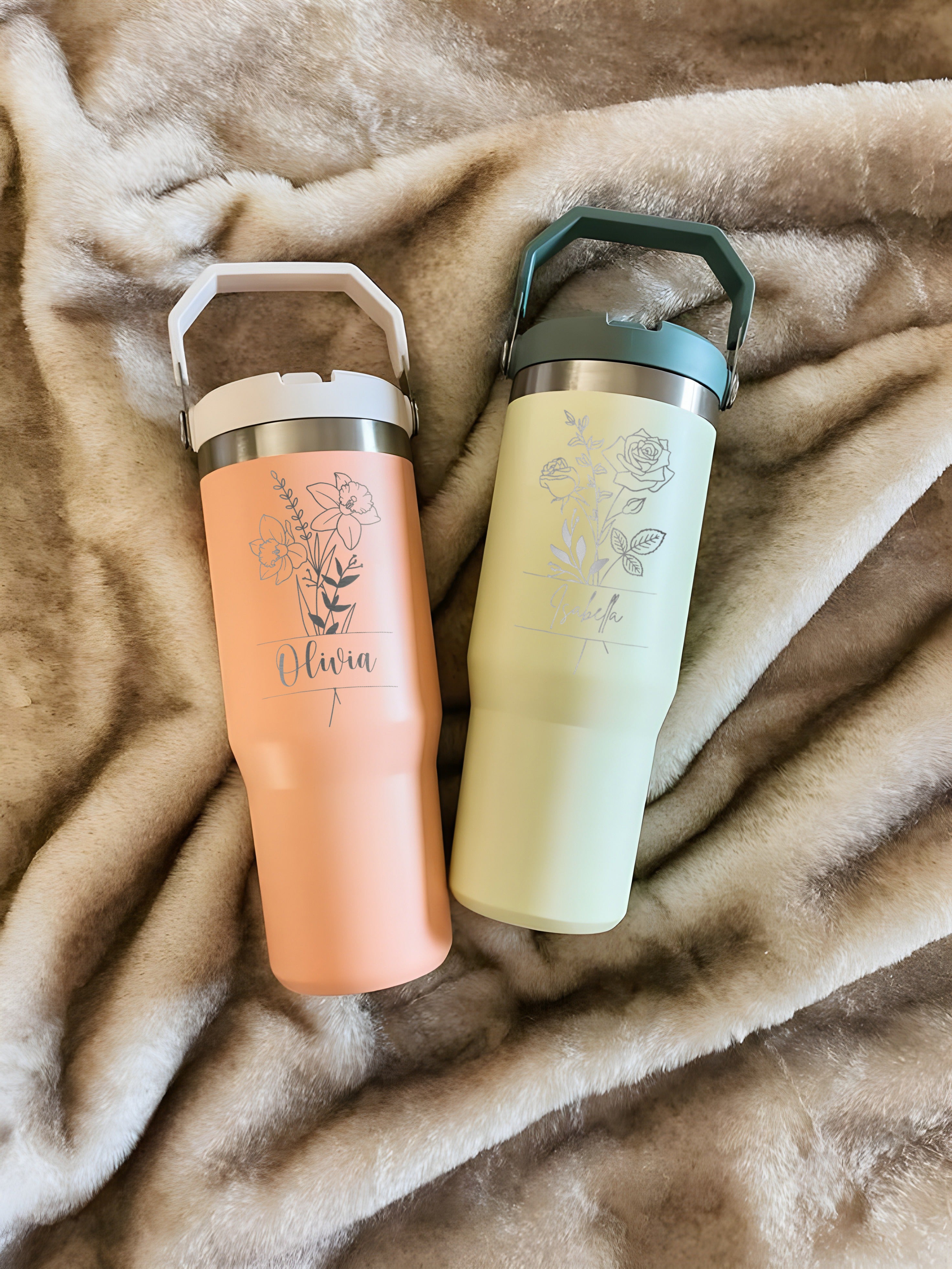 Personalized Birth Flower Flip Straw Tumbler, Custom Name Engraved 40oz Cup, Monthly Bloom Floral Gift for Her, Christmas Gifts, Bridesmaid Gift