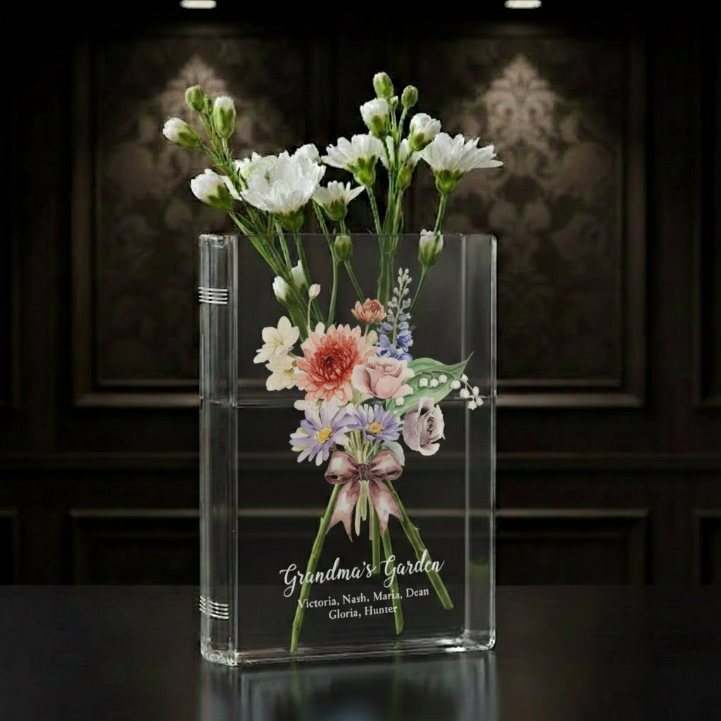 Personalized Grandma's Garden Book Vase – Family Birth Flower Vase for Nanny, Grandma, or Mom, Perfect Mother's Day & Birthday Gift from Grandkids