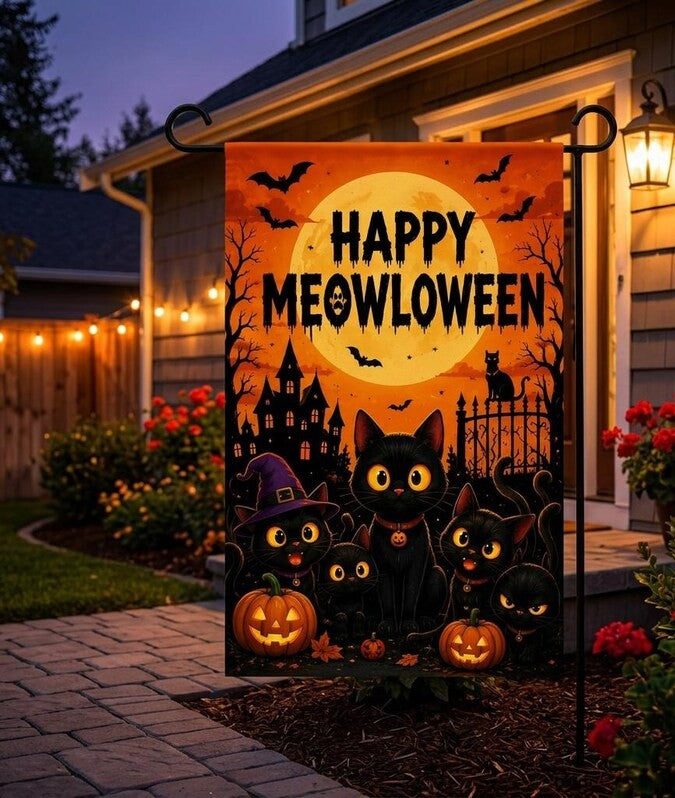 Happy Meowloween Garden Flag, Black Cat Halloween Yard Flag, Cute Spooky Pumpkin Outdoor Decor, Fall Porch Flag, Halloween Cat Lover Gift. HLWGFPETAL21
