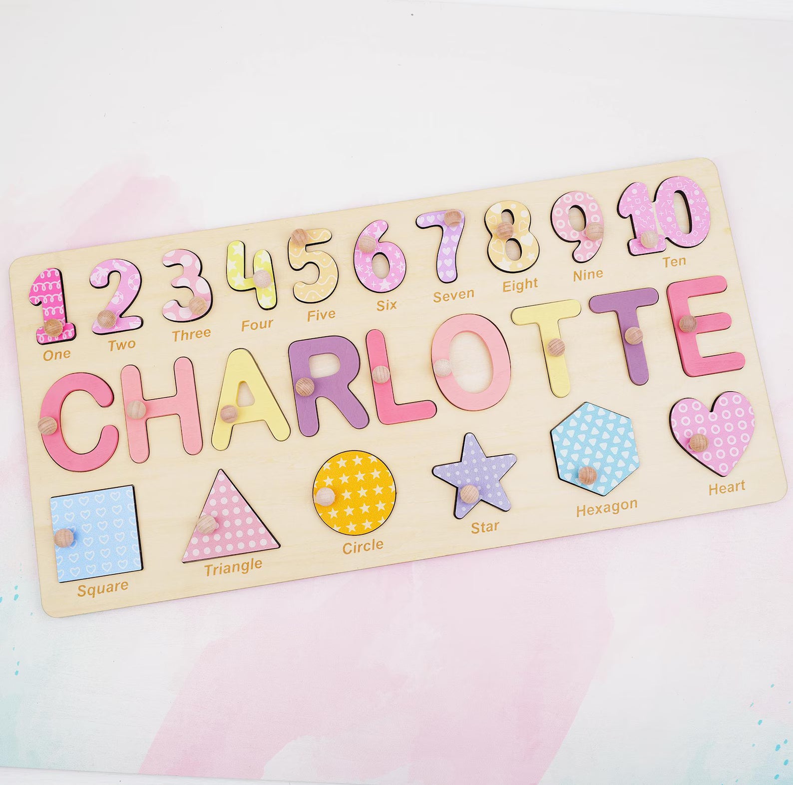Personalized Wooden Name Puzzle Gift for Boys & Girls, Custom Baby Gifts Name Puzzle with Numbers, Geometry Shapes, Back Engraving. NPPETAL1