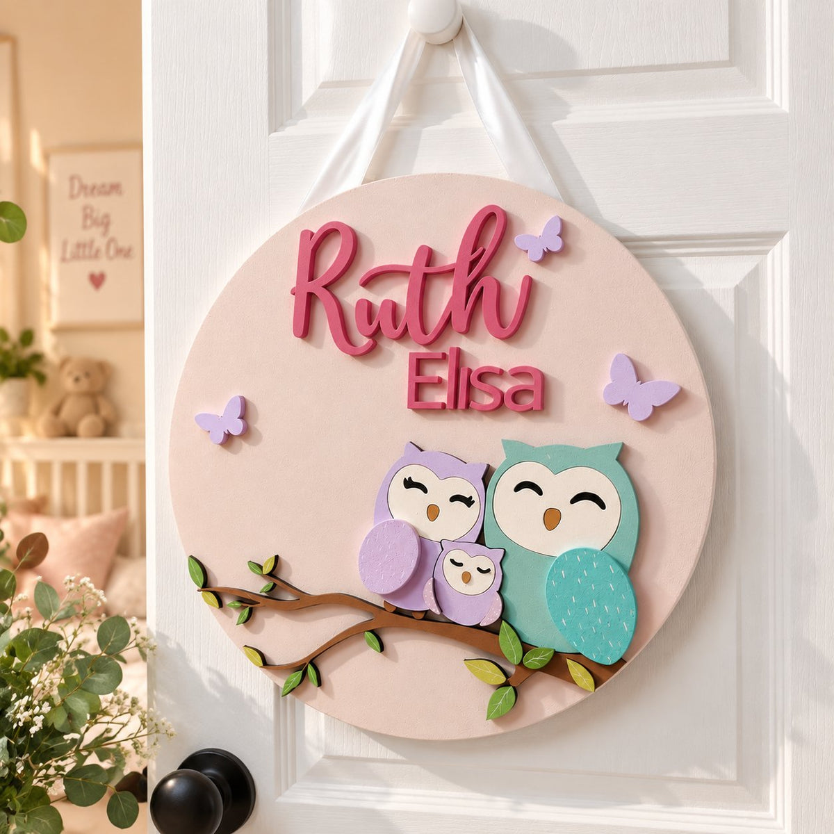 Personalized Owl Family Wooden Sign, Custom Kids Name Door Hanger, Woodland Nursery Decor, Baby Room Wall Sign WOODKID02