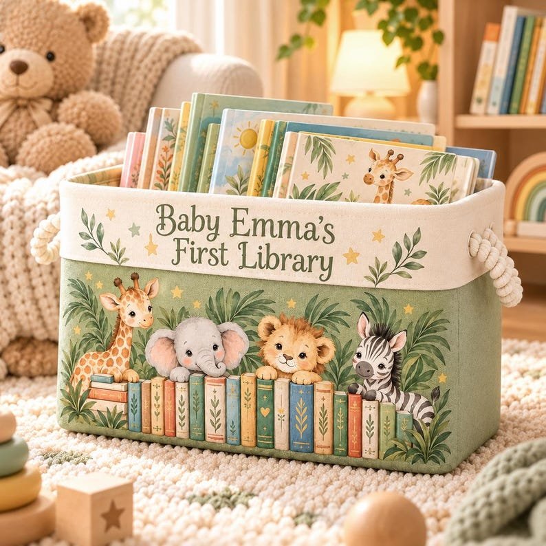 Personalized Baby First Christmas Book Basket, Custom Name Library Nursery Storage Bin Boy Girl BBPETAL21