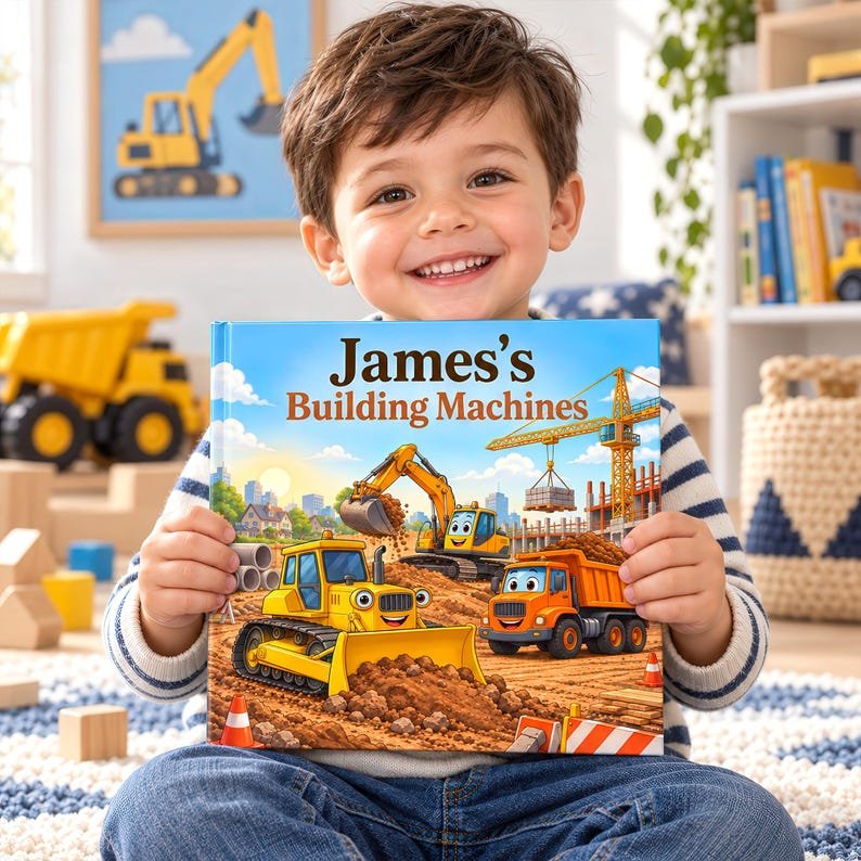 Personalized Construction Book for Boys, Custom Name Storybook, Construction Trucks and Digger Book, Toddler Birthday Gift, Kids Keepsake PBOOK12