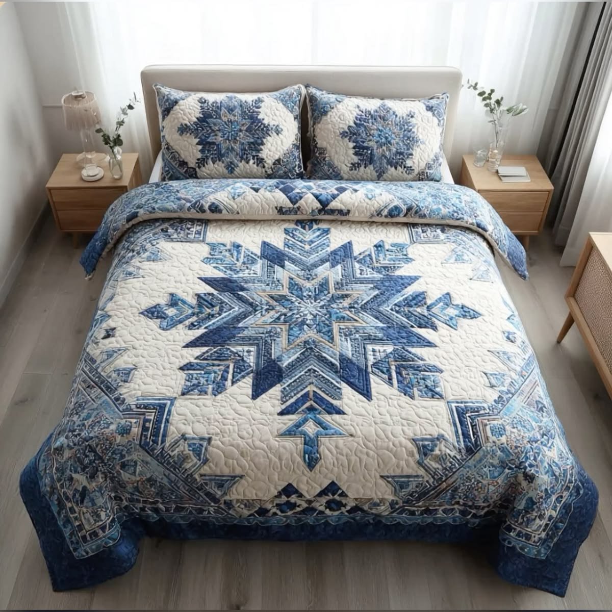 Winter Snowflake Patchwork Quilted Bedding Set, Patchwork Bedspread with Pillowcases, Festive Winter Bedroom Decor, Bedding Decor PTBED10