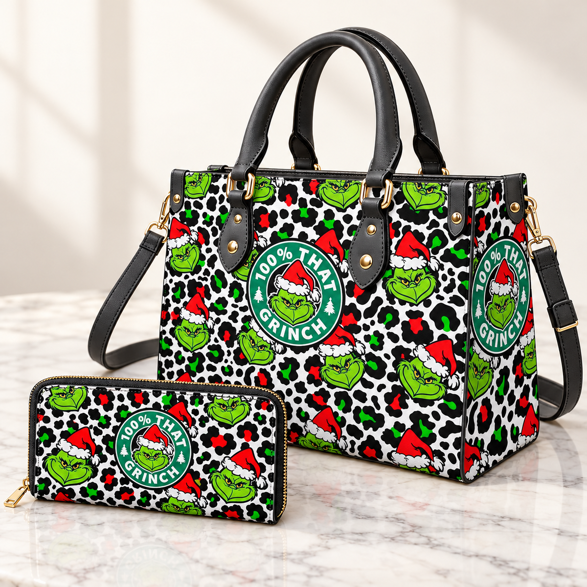 Leopard Grinch Christmas Pattern Leather Handbag, Grinch Christmas Villages Leather Tote Bag, Grinch Wallet Purse, Grinch Lover Gift, Christmas Bag GBAG12