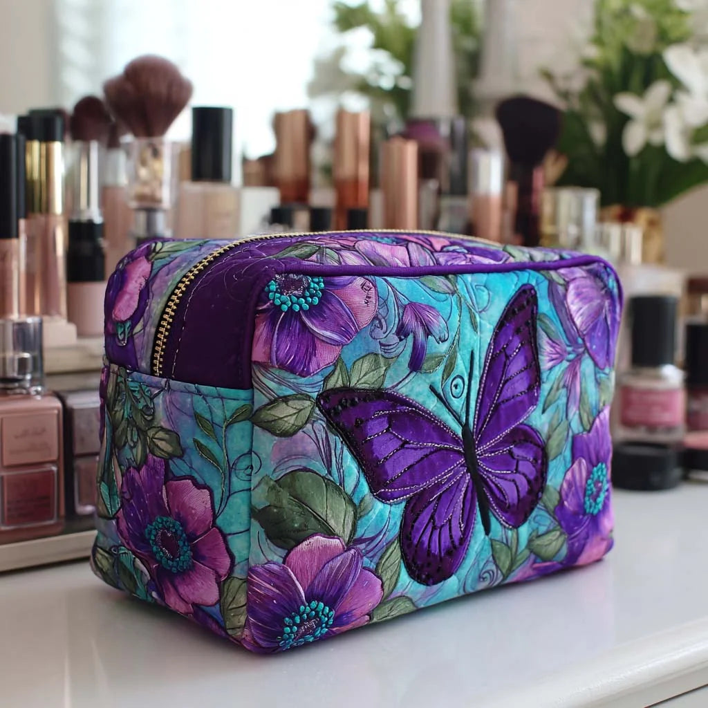 Quilted Purple Butterfly Makeup Bag, Floral Butterfly Cosmetic Pouch, Travel Toiletry Organizer – QMBPETAL12