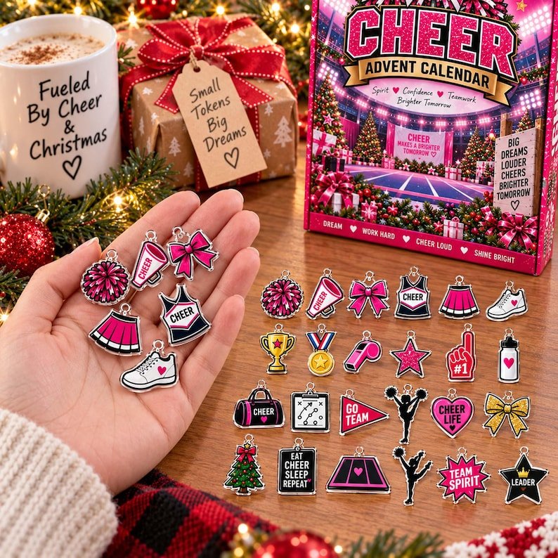 Personalized Cheerleader Advent Calendar 2026, 24 Cheer Charms Christmas Countdown Calendar, Custom Cheer Gift for Cheerleaders & Girls AXMAS12