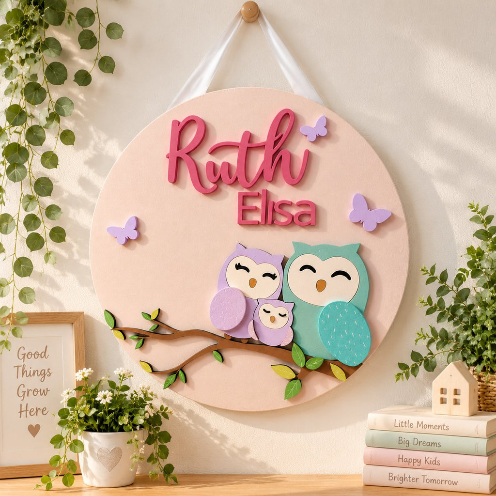 Personalized Owl Family Wooden Sign, Custom Kids Name Door Hanger, Woodland Nursery Decor, Baby Room Wall Sign WOODKID02