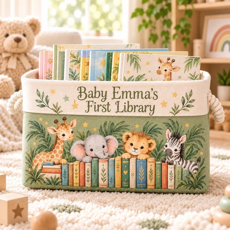 Personalized Baby First Christmas Book Basket, Custom Name Library Nursery Storage Bin Boy Girl BBPETAL21