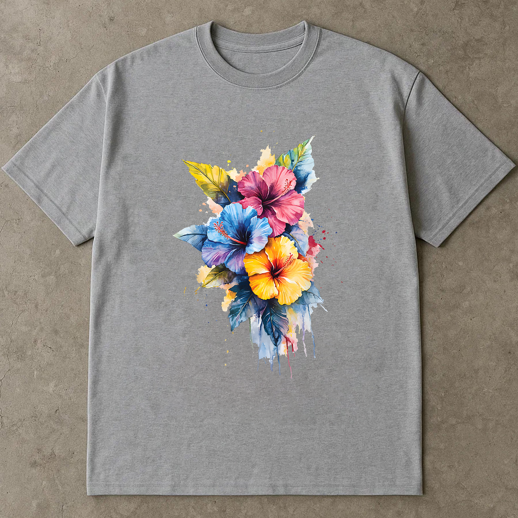 Hibiscus Flower Shirt, Watercolor Floral Tee, Tropical Summer Shirt, Colorful Beach T-Shirt, Vacation Vibe Tee, Gift for Her