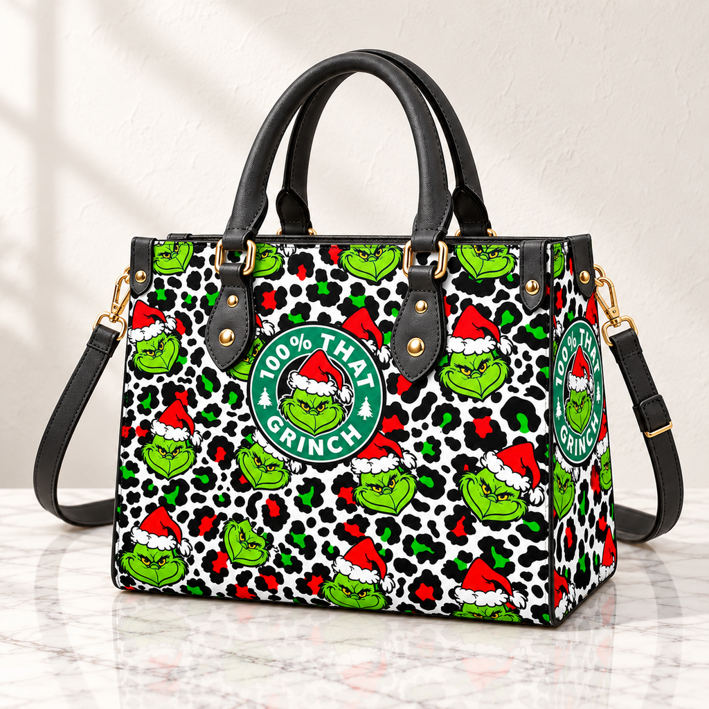 Leopard Grinch Christmas Pattern Leather Handbag, Grinch Christmas Villages Leather Tote Bag, Grinch Wallet Purse, Grinch Lover Gift, Christmas Bag GBAG12