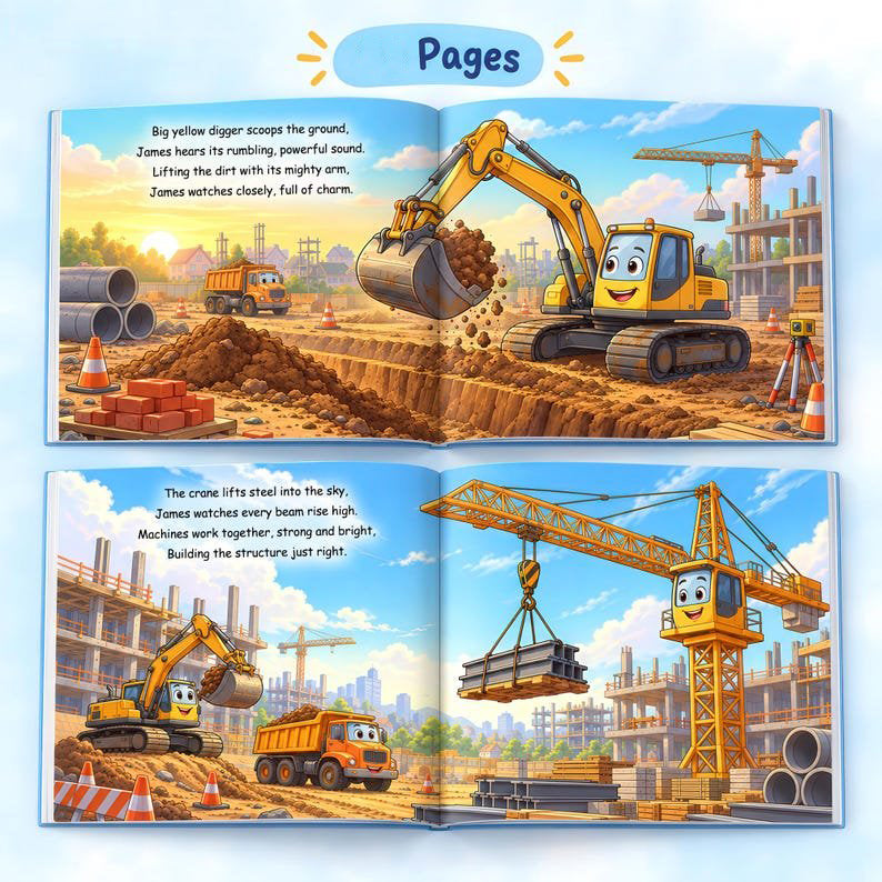 Personalized Construction Book for Boys, Custom Name Storybook, Construction Trucks and Digger Book, Toddler Birthday Gift, Kids Keepsake PBOOK12