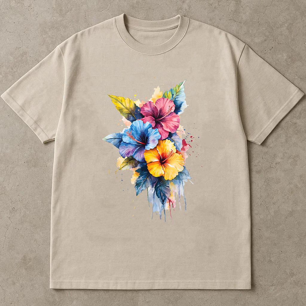 Hibiscus Flower Shirt, Watercolor Floral Tee, Tropical Summer Shirt, Colorful Beach T-Shirt, Vacation Vibe Tee, Gift for Her