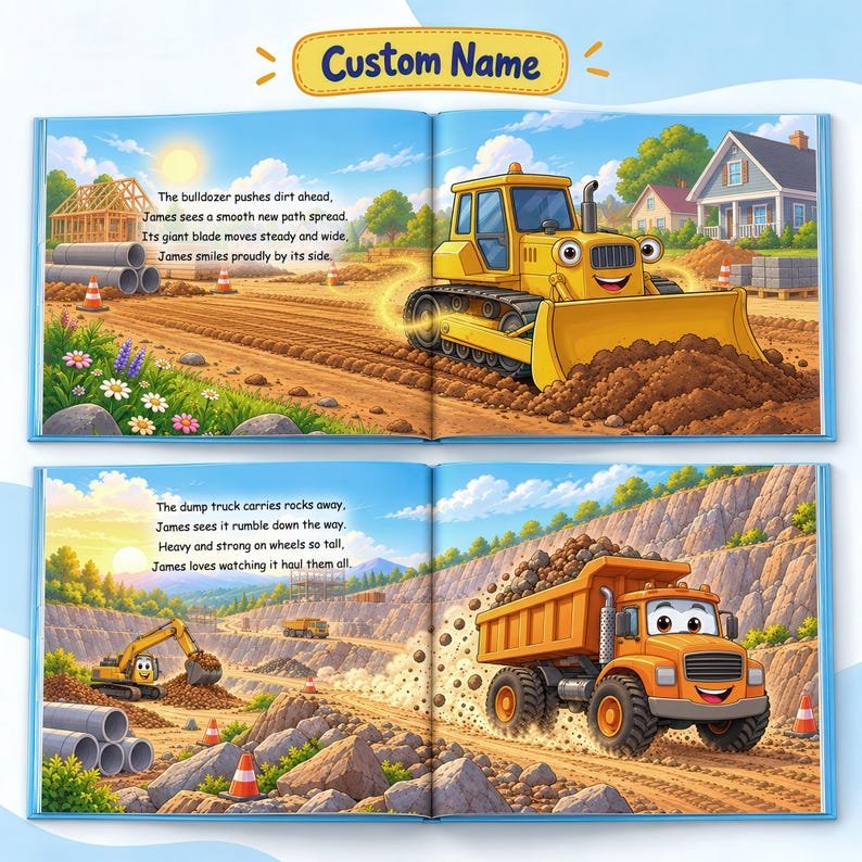 Personalized Construction Book for Boys, Custom Name Storybook, Construction Trucks and Digger Book, Toddler Birthday Gift, Kids Keepsake PBOOK12