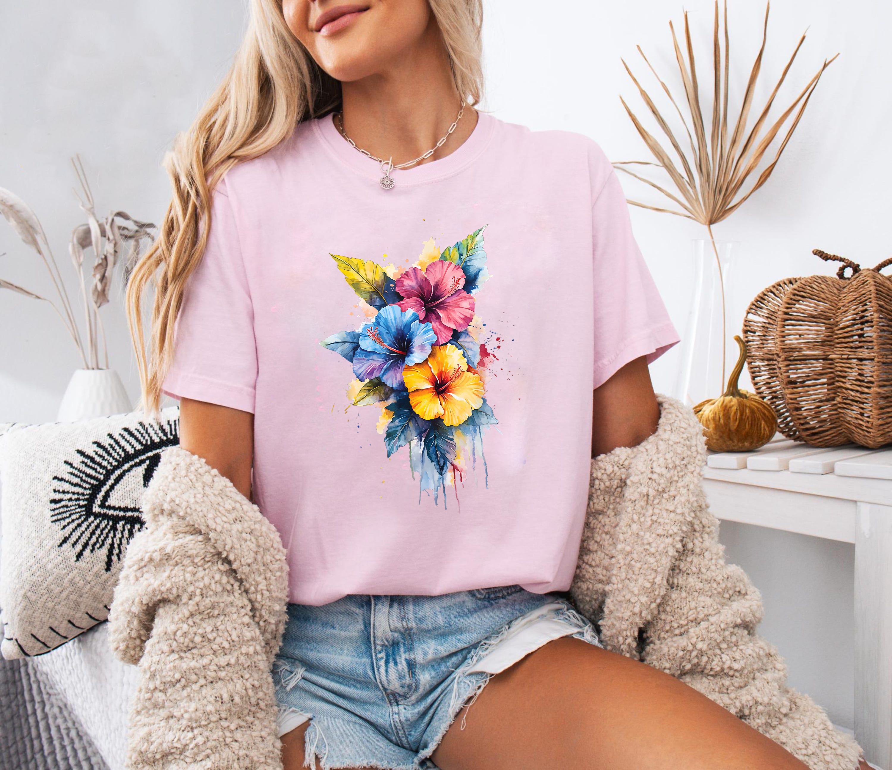 Hibiscus Flower Shirt, Watercolor Floral Tee, Tropical Summer Shirt, Colorful Beach T-Shirt, Vacation Vibe Tee, Gift for Her