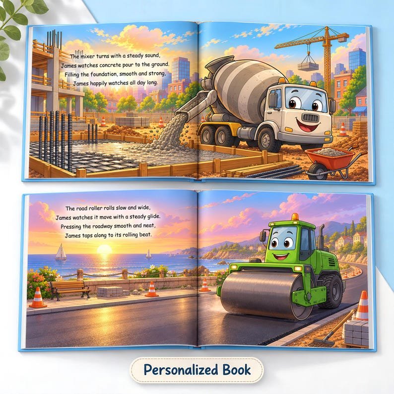 Personalized Construction Book for Boys, Custom Name Storybook, Construction Trucks and Digger Book, Toddler Birthday Gift, Kids Keepsake PBOOK12
