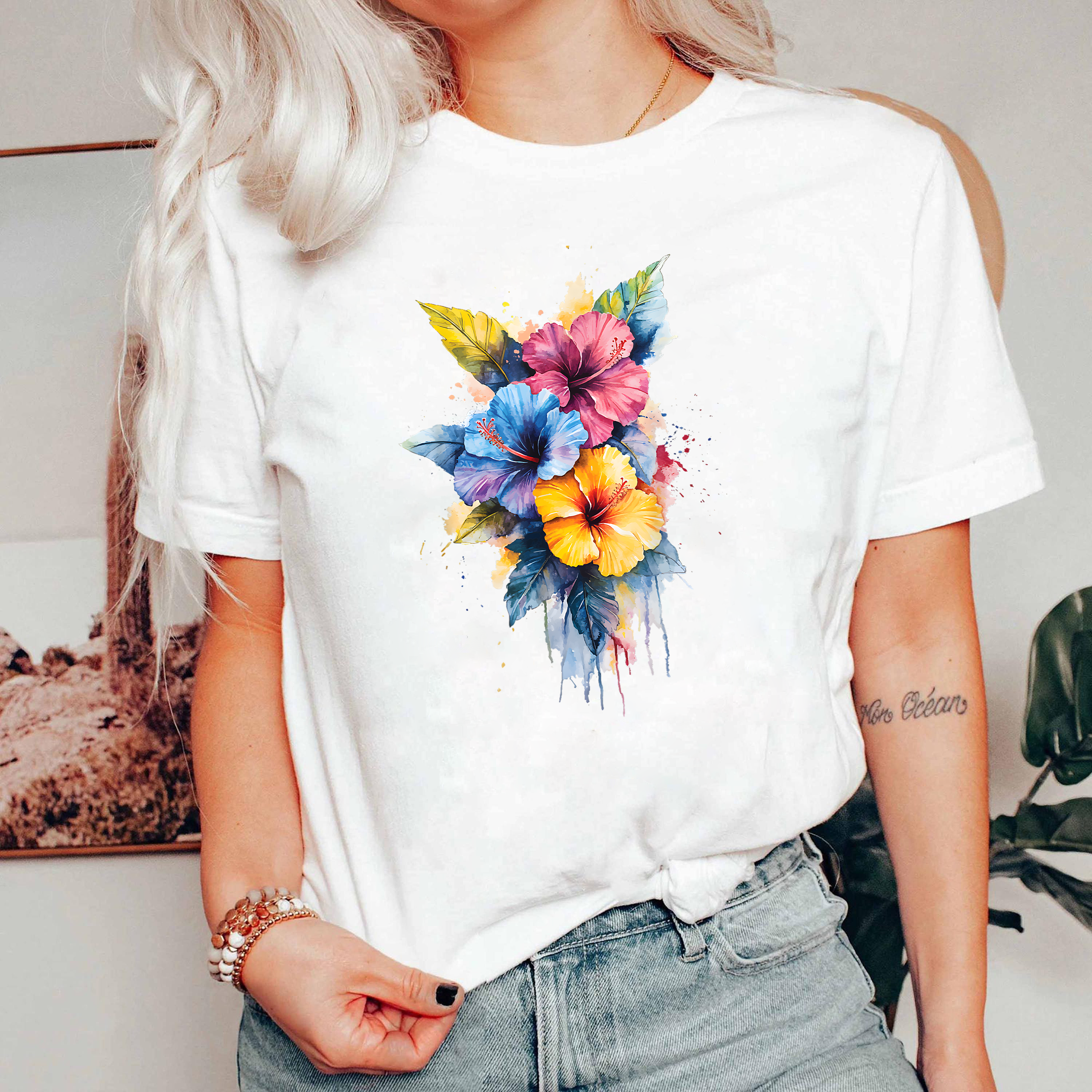 Hibiscus Flower Shirt, Watercolor Floral Tee, Tropical Summer Shirt, Colorful Beach T-Shirt, Vacation Vibe Tee, Gift for Her