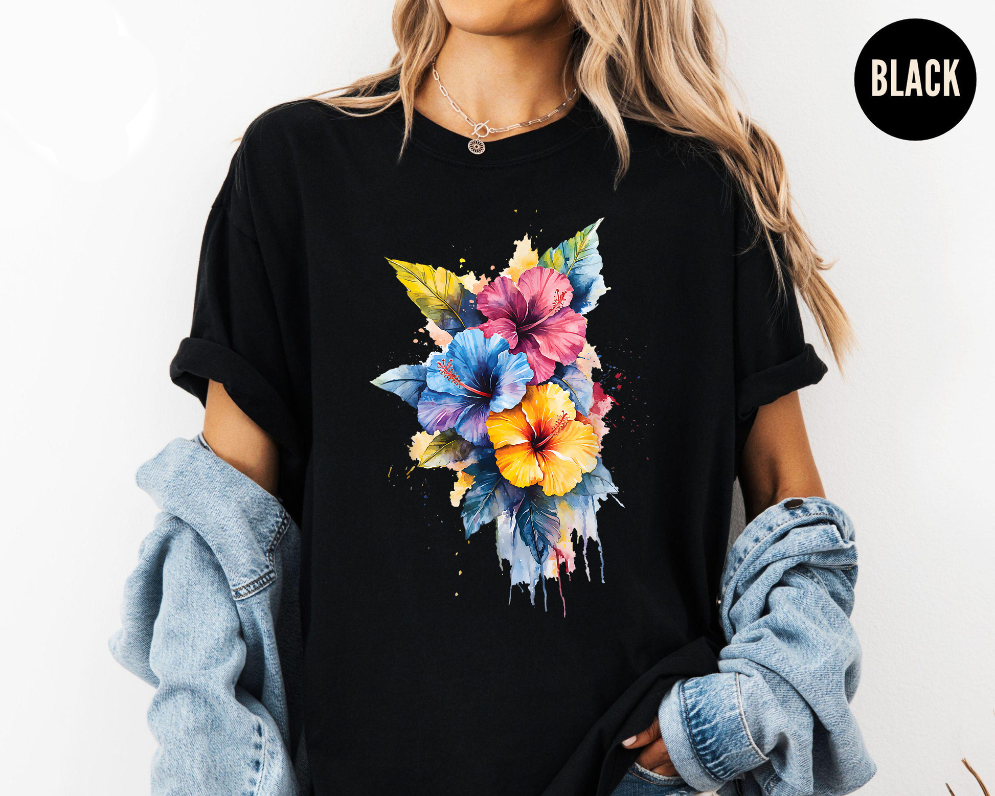 Hibiscus Flower Shirt, Watercolor Floral Tee, Tropical Summer Shirt, Colorful Beach T-Shirt, Vacation Vibe Tee, Gift for Her