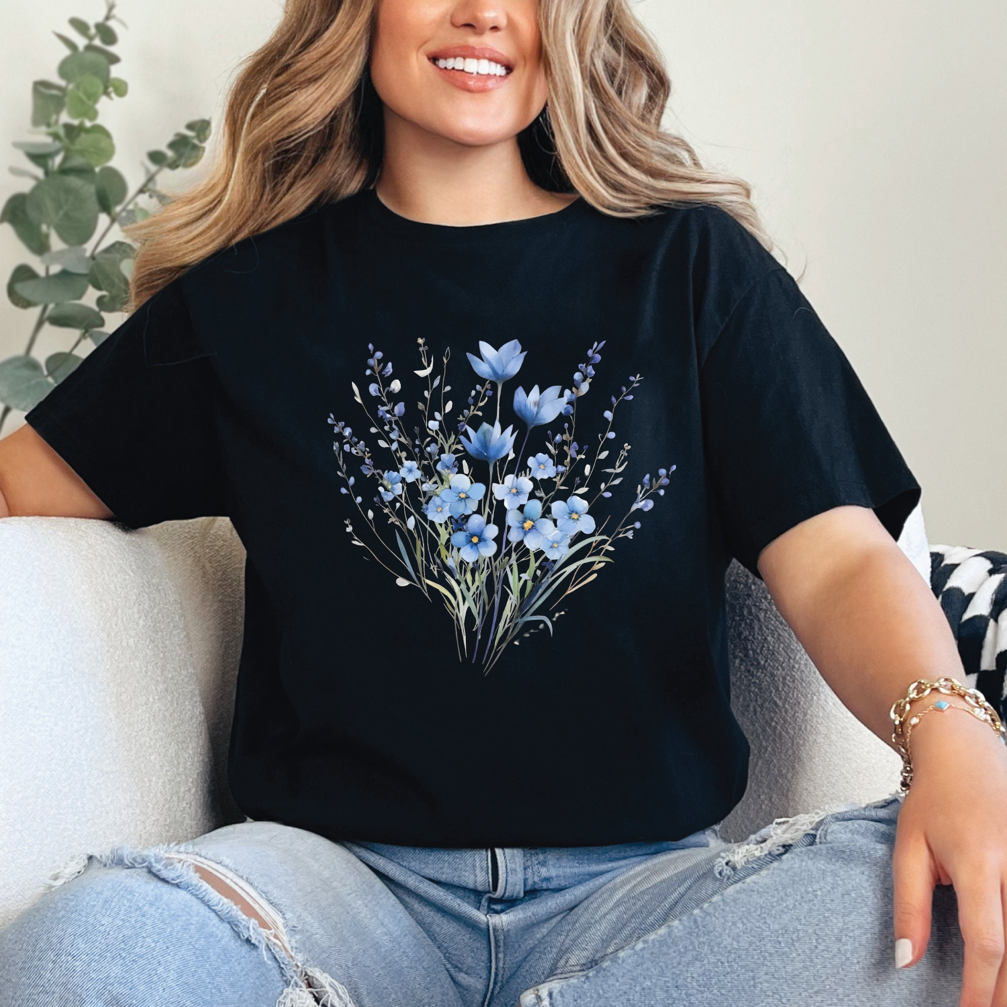 Blue Wildflower Shirt, Watercolor Floral Tee, Aesthetic Cottagecore T-Shirt, Botanical Flower Shirt, Soft Nature Lover Tee