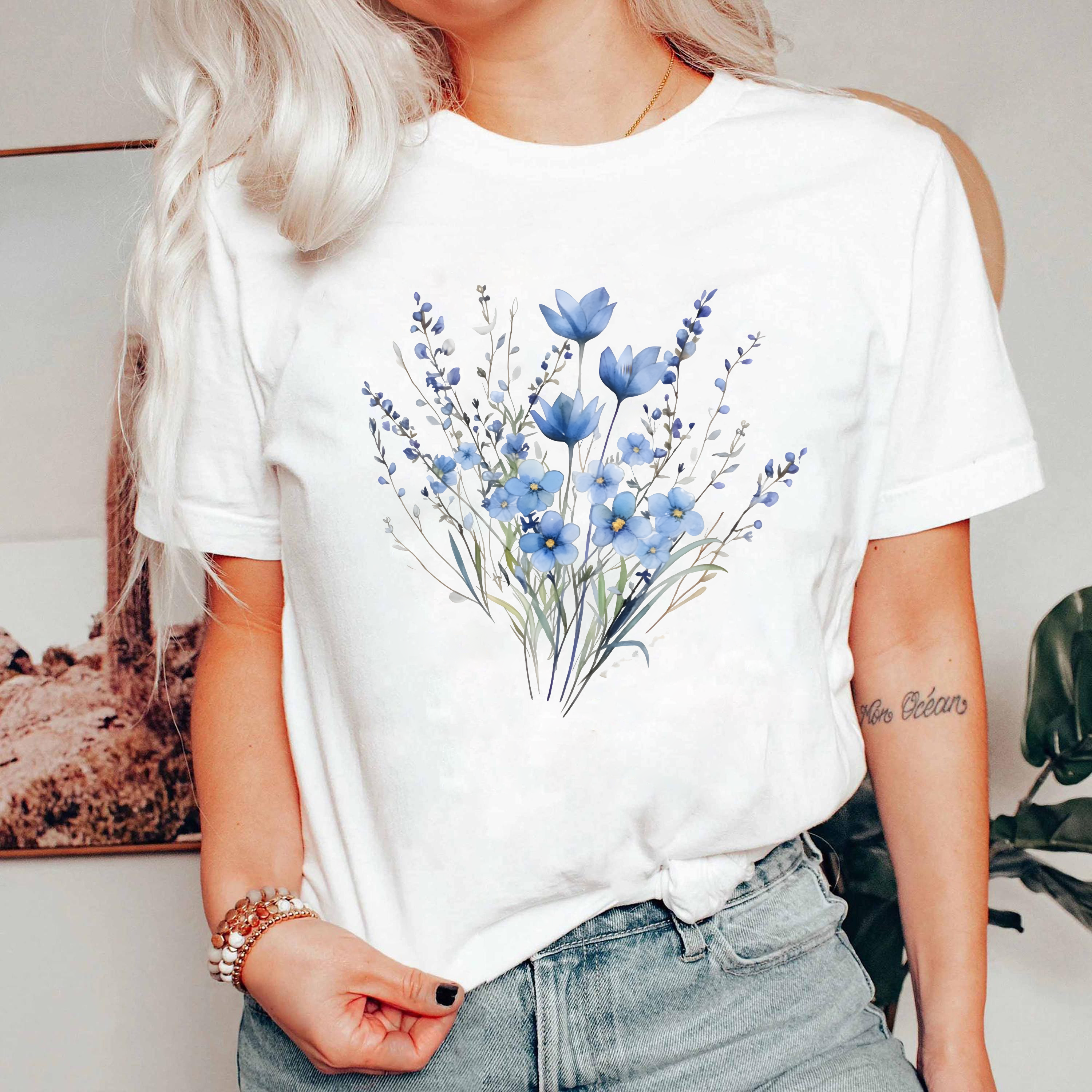 Blue Wildflower Shirt, Watercolor Floral Tee, Aesthetic Cottagecore T-Shirt, Botanical Flower Shirt, Soft Nature Lover Tee