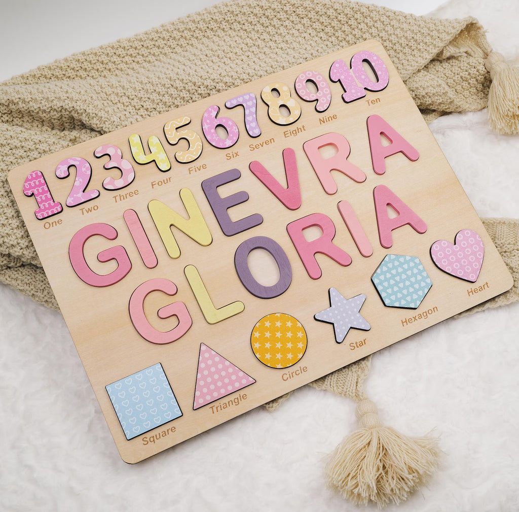 Personalized Wooden Name Puzzle Gift for Boys & Girls, Custom Baby Gifts Name Puzzle with Numbers, Geometry Shapes, Back Engraving. NPPETAL1