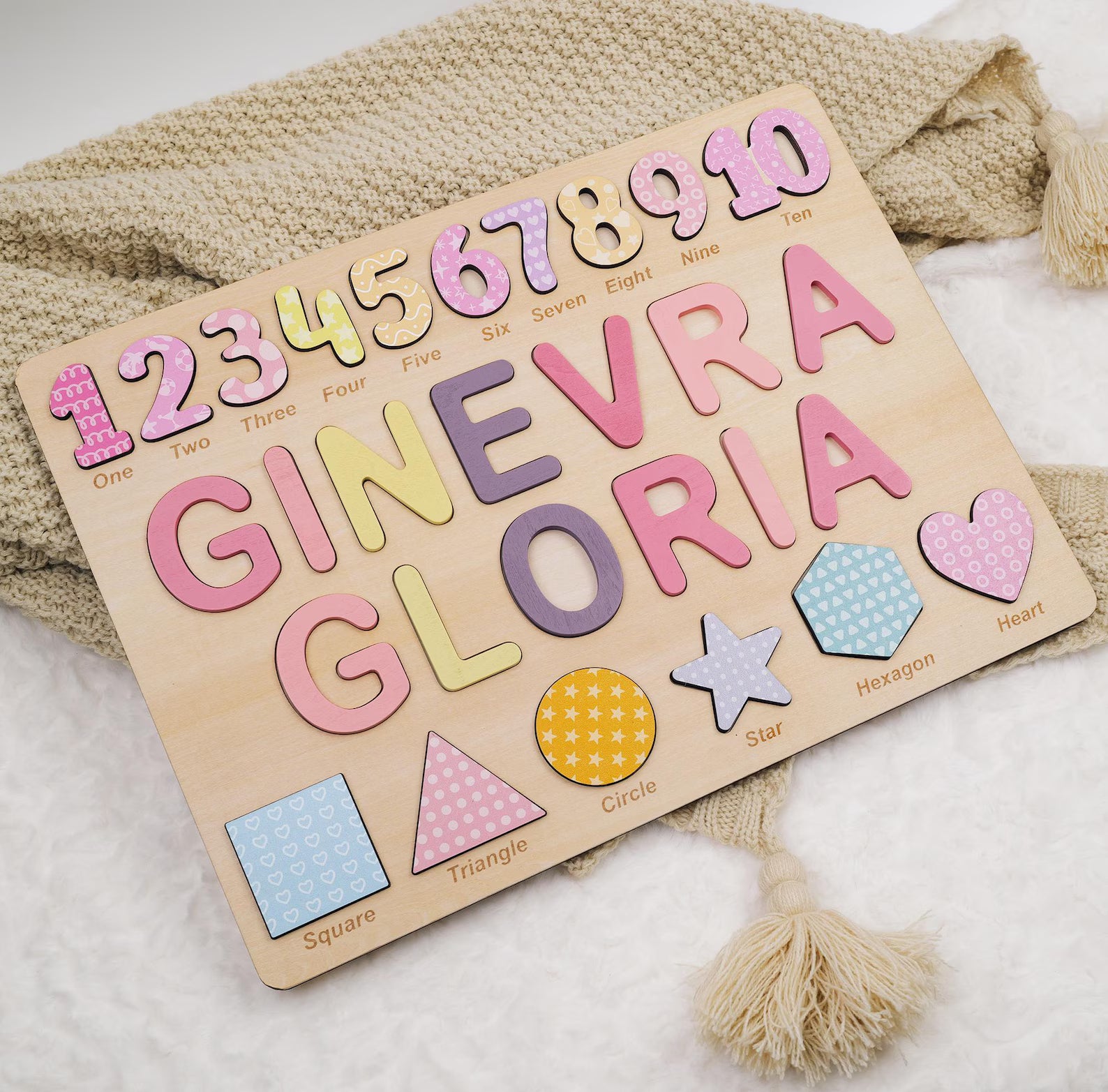 Personalized Wooden Name Puzzle Gift for Boys & Girls, Custom Baby Gifts Name Puzzle with Numbers, Geometry Shapes, Back Engraving. NPPETAL1