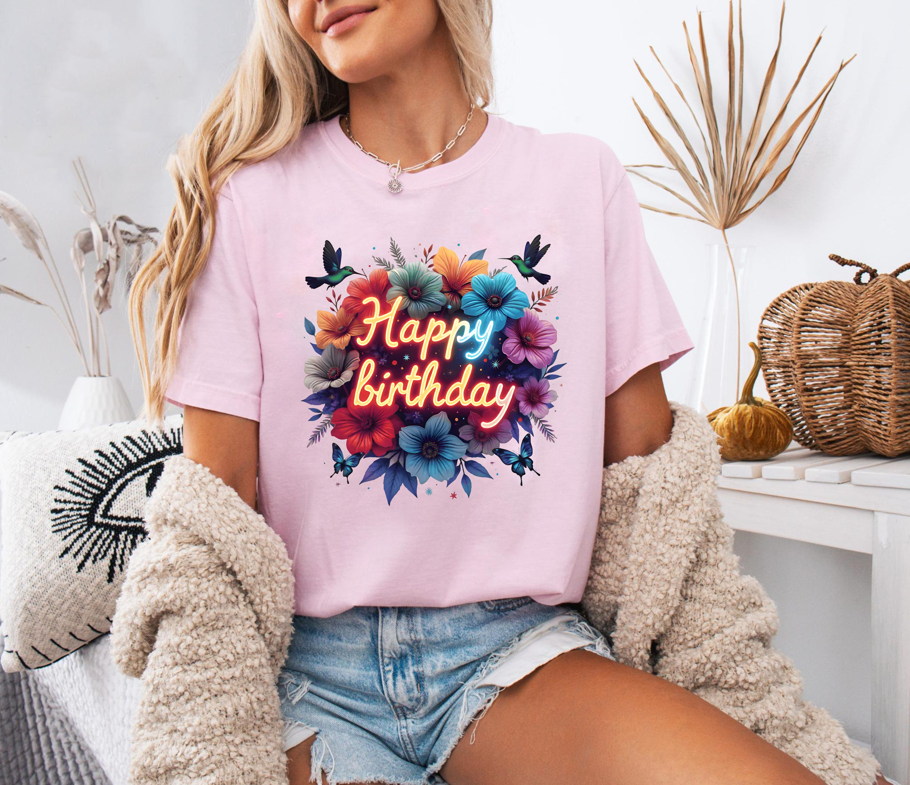 Happy Birthday Shirt, Colorful Neon Floral Tee, Birthday Gift T-Shirt, Party Flower Shirt, Fun Celebration Graphic Tee