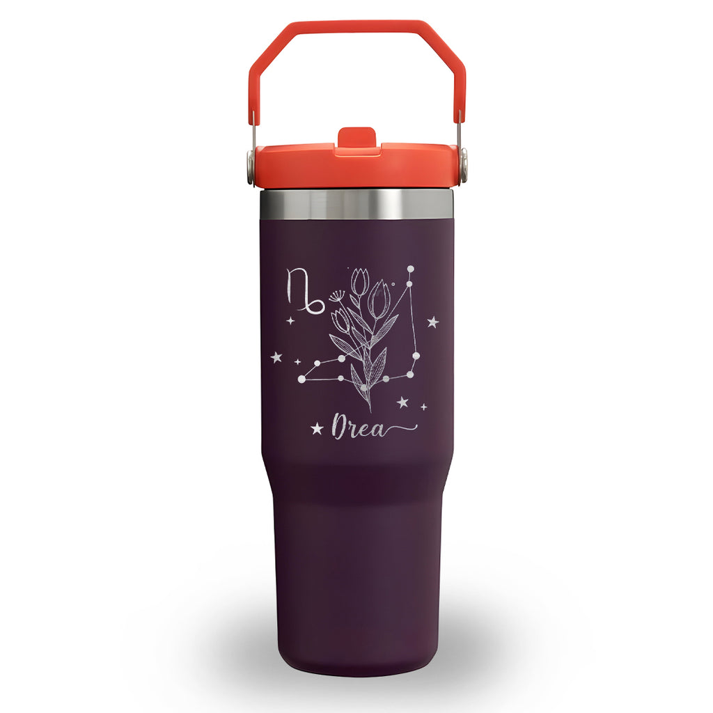Custom Birth Flower Zodiac Tumbler, Personalized 40oz Cup with Handle and Straw, Astrology Horoscope Floral Mug, Unique Birthday Gift for Women