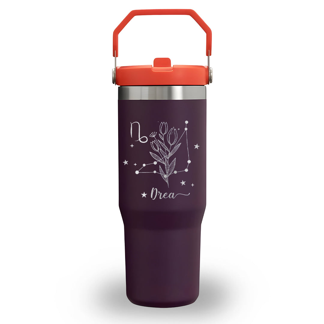 Custom Birth Flower Zodiac Tumbler, Personalized 40oz Cup with Handle and Straw, Astrology Horoscope Floral Mug, Unique Birthday Gift for Women