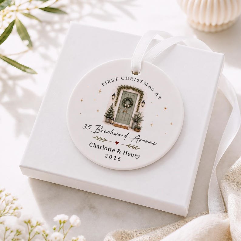 Personalised First Christmas in New Home Decoration, Road Name & Door Colour First Home Family Bauble Ornament Keepsake CERAMIC11