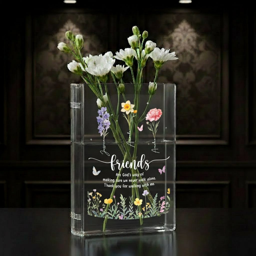 Personalized Best Friends Birth Month Flower Book Vase – Custom Ceramic Vase for Besties, Soul Sisters Gift, Perfect BFF Friendship Decor