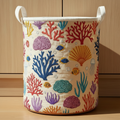 Colorful Coral Reef Quilted Laundry Basket – Ocean Storage Bin, Coastal Fabric Hamper, Beach House Organizer, Marine Life Decor. LBPETAL110