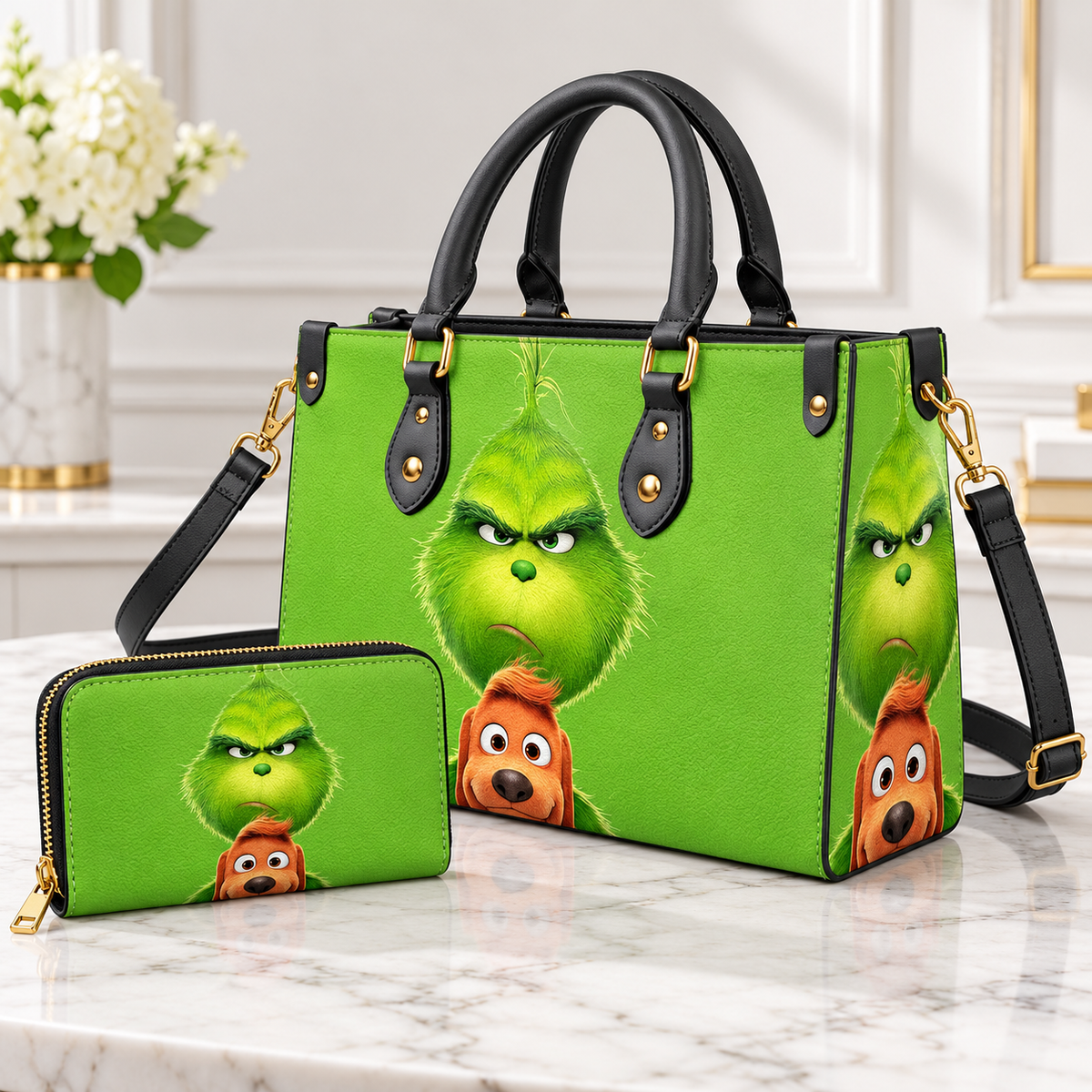 Grinch And Dog Pattern Leather Handbag, Grinch Christmas Leather Tote Bag, Grinch Wallet Purse, Grinch Lover Gift, Christmas Bag GBAG13