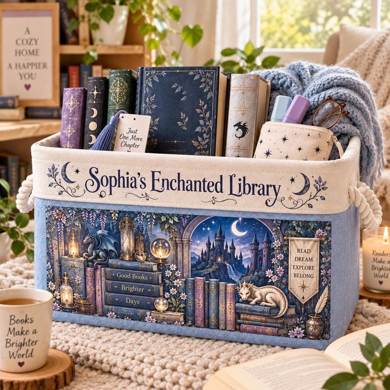Personalized Fantasy Book Basket, Custom Enchanted Library Storage Bin, Romantasy Reader Gift for Her, Book Lover Basket, Bookish Room Decor BBPETAL22
