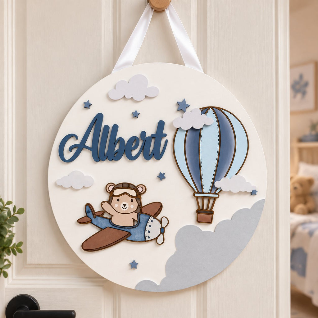 Personalized Airplane Bear Wooden Sign, Custom Boy Name Door Sign, Aviation Nursery Decor, Baby Boy Room Wall Art WOODKID05