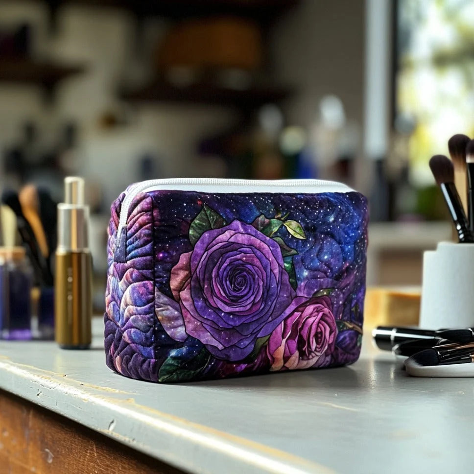 Quilted Galaxy Rose Makeup Bag, Purple Floral Cosmetic Pouch, Travel Toiletry Organizer – QMBPETAL13
